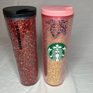 Starbucks 16 Oz Tumblers Hot Cold - Set Of 2 - Red Sparkle & Pink Sparkle.